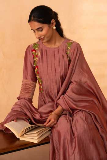 Buy_Gulabik Jaipur_Pink Chanderi Round Neck, Yes Firdaus Embroidered Kurta Set _Online_at_Aza_Fashions