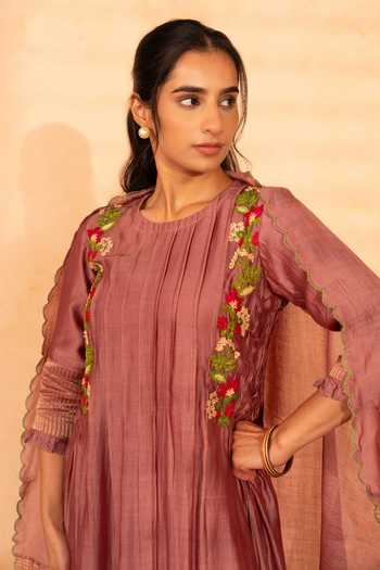 Shop_Gulabik Jaipur_Pink Chanderi Round Neck, Yes Firdaus Embroidered Kurta Set _Online_at_Aza_Fashions
