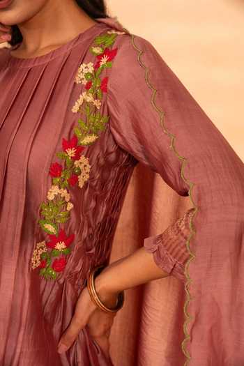 Gulabik Jaipur_Pink Chanderi Round Neck, Yes Firdaus Embroidered Kurta Set _at_Aza_Fashions