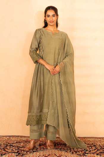 Buy_Gulabik Jaipur_Green Chanderi Split V-neck, Yes Gulposh Stripe Pattern Kurta Set _at_Aza_Fashions