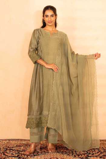 Buy_Gulabik Jaipur_Green Chanderi Split V-neck, Yes Gulposh Stripe Pattern Kurta Set _Online_at_Aza_Fashions