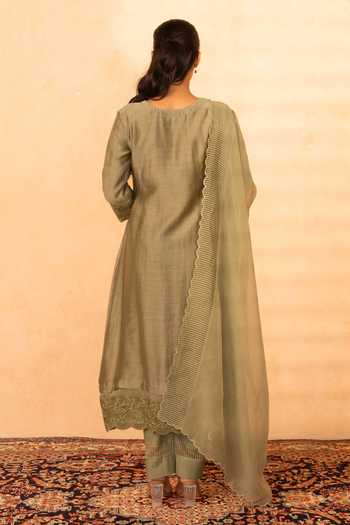 Shop_Gulabik Jaipur_Green Chanderi Split V-neck, Yes Gulposh Stripe Pattern Kurta Set _at_Aza_Fashions