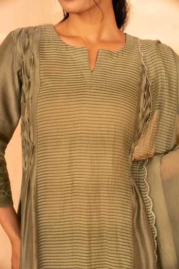 Gulabik Jaipur_Green Chanderi Split V-neck, Yes Gulposh Stripe Pattern Kurta Set _at_Aza_Fashions