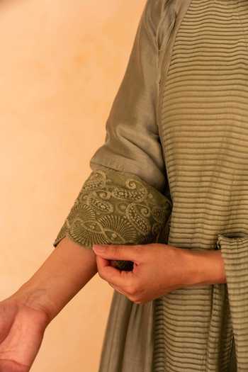 Buy_Gulabik Jaipur_Green Chanderi Split V-neck, Yes Gulposh Stripe Pattern Kurta Set 