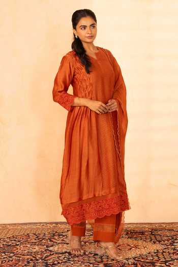 Gulabik Jaipur_Orange Chanderi Split V-neck Gulposh Stripe Pattern Kurta Set _Online_at_Aza_Fashions