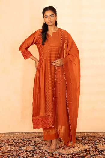 Buy_Gulabik Jaipur_Orange Chanderi Split V-neck Gulposh Stripe Pattern Kurta Set _at_Aza_Fashions