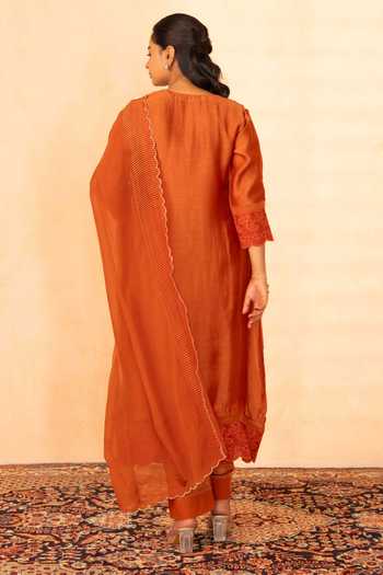 Shop_Gulabik Jaipur_Orange Chanderi Split V-neck Gulposh Stripe Pattern Kurta Set _at_Aza_Fashions