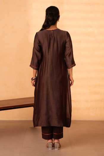 Shop_Gulabik Jaipur_Brown Chanderi Round Neck Chinar Handloom Kurta And Pant Set _at_Aza_Fashions