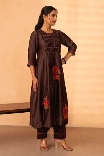 Gulabik Jaipur_Brown Chanderi Round Neck Chinar Handloom Kurta And Pant Set _Online_at_Aza_Fashions