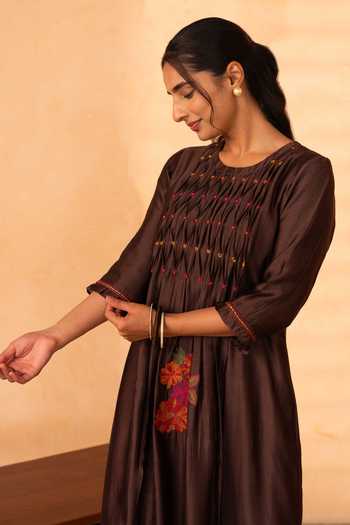 Shop_Gulabik Jaipur_Brown Chanderi Round Neck Chinar Handloom Kurta And Pant Set _Online_at_Aza_Fashions