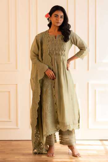 Buy_Gulabik Jaipur_Green Chanderi Split V-neck Kanak Pintuck Kurta Set _at_Aza_Fashions