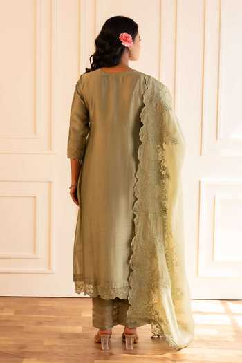 Shop_Gulabik Jaipur_Green Chanderi Split V-neck Kanak Pintuck Kurta Set _at_Aza_Fashions