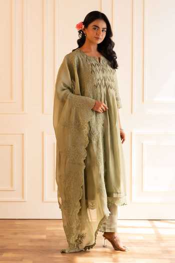 Buy_Gulabik Jaipur_Green Chanderi Split V-neck Kanak Pintuck Kurta Set _Online_at_Aza_Fashions