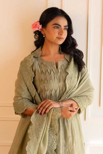 Shop_Gulabik Jaipur_Green Chanderi Split V-neck Kanak Pintuck Kurta Set _Online_at_Aza_Fashions