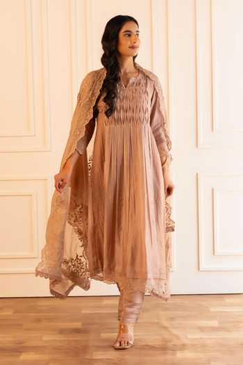 Buy_Gulabik Jaipur_Beige Chanderi Notched , Round Kanak Pintuck Kurta Set _at_Aza_Fashions