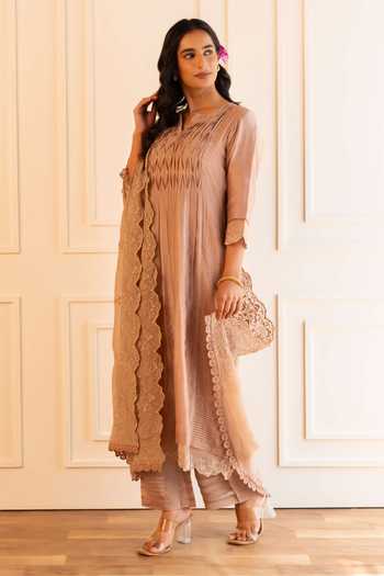 Shop_Gulabik Jaipur_Beige Chanderi Notched , Round Kanak Pintuck Kurta Set _at_Aza_Fashions