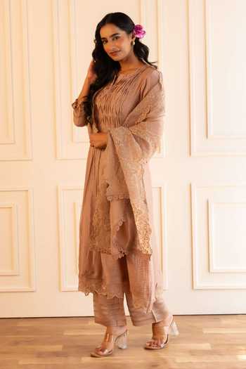 Buy_Gulabik Jaipur_Beige Chanderi Notched , Round Kanak Pintuck Kurta Set _Online_at_Aza_Fashions