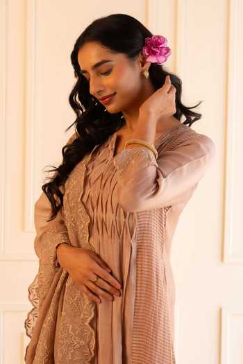 Shop_Gulabik Jaipur_Beige Chanderi Notched , Round Kanak Pintuck Kurta Set _Online_at_Aza_Fashions