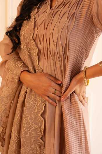 Buy_Gulabik Jaipur_Beige Chanderi Notched , Round Kanak Pintuck Kurta Set 
