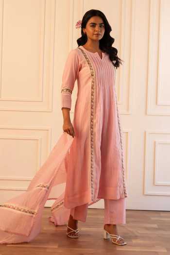 Shop_Gulabik Jaipur_Pink Chanderi Split V-neck, Yes Mithila Floral Embroidered Kurta Set _Online_at_Aza_Fashions