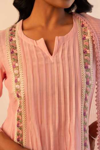 Shop_Gulabik Jaipur_Pink Chanderi Split V-neck, Yes Mithila Floral Embroidered Kurta Set 