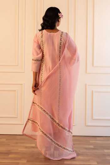 Shop_Gulabik Jaipur_Pink Chanderi Split V-neck, Yes Mithila Floral Embroidered Kurta Set _at_Aza_Fashions