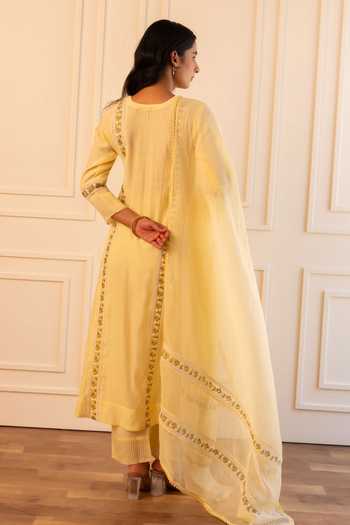 Shop_Gulabik Jaipur_Yellow Chanderi Split V-neck Mithila Floral Embroidered Kurta Set _at_Aza_Fashions