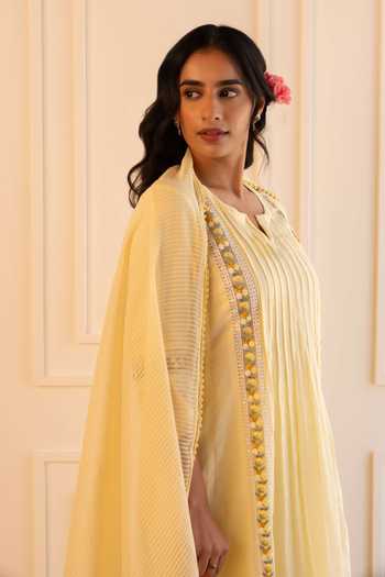 Buy_Gulabik Jaipur_Yellow Chanderi Split V-neck Mithila Floral Embroidered Kurta Set _Online_at_Aza_Fashions