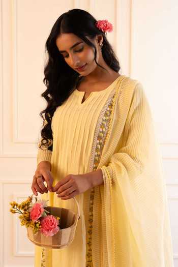 Shop_Gulabik Jaipur_Yellow Chanderi Split V-neck Mithila Floral Embroidered Kurta Set _Online_at_Aza_Fashions