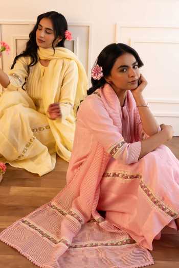 Gulabik Jaipur_Yellow Chanderi Split V-neck Mithila Floral Embroidered Kurta Set _at_Aza_Fashions