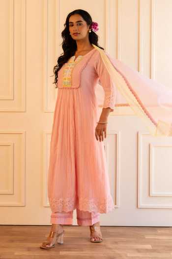 Buy_Gulabik Jaipur_Pink Chanderi Square Neck Heena Handloom Kurta And Pant Set _Online_at_Aza_Fashions