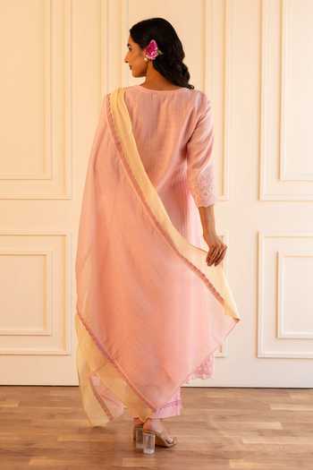 Shop_Gulabik Jaipur_Pink Chanderi Square Neck Heena Handloom Kurta And Pant Set _at_Aza_Fashions