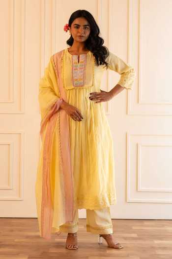 Buy_Gulabik Jaipur_Yellow Chanderi Round Neck, Yes Heena Handloom Kurta Pant Set _at_Aza_Fashions