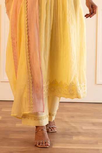 Gulabik Jaipur_Yellow Chanderi Round Neck, Yes Heena Handloom Kurta Pant Set _Online_at_Aza_Fashions