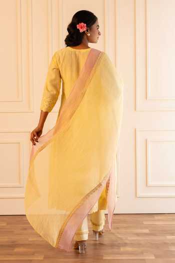 Shop_Gulabik Jaipur_Yellow Chanderi Round Neck, Yes Heena Handloom Kurta Pant Set _at_Aza_Fashions
