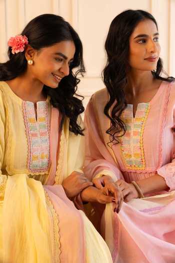 Shop_Gulabik Jaipur_Yellow Chanderi Round Neck, Yes Heena Handloom Kurta Pant Set _Online_at_Aza_Fashions