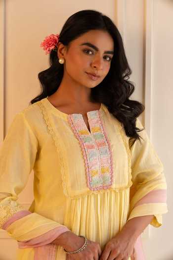 Gulabik Jaipur_Yellow Chanderi Round Neck, Yes Heena Handloom Kurta Pant Set _at_Aza_Fashions