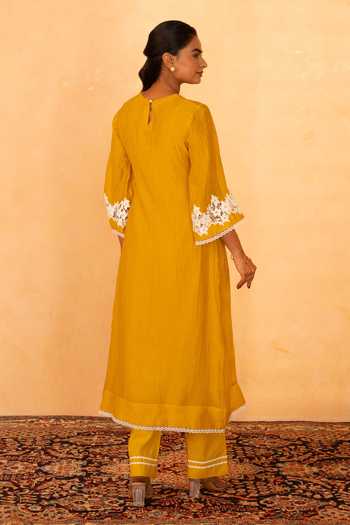 Shop_Gulabik Jaipur_Yellow Chanderi Round Neck Rati Handloom Kurta And Pant Set _at_Aza_Fashions