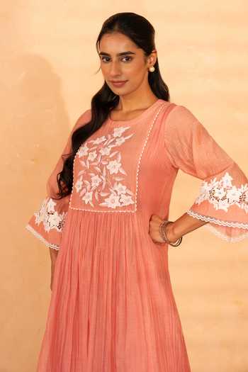 Buy_Gulabik Jaipur_Peach Chanderi Round Neck Rati Handloom Kurta And Pant Set _Online_at_Aza_Fashions