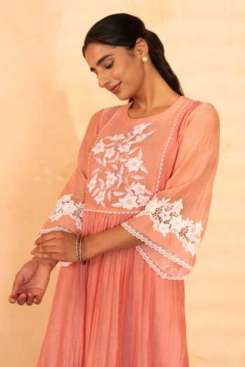 Shop_Gulabik Jaipur_Peach Chanderi Round Neck Rati Handloom Kurta And Pant Set _Online_at_Aza_Fashions