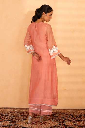 Shop_Gulabik Jaipur_Peach Chanderi Round Neck Rati Handloom Kurta And Pant Set _at_Aza_Fashions
