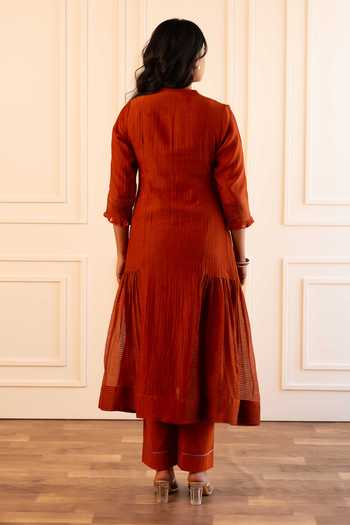 Shop_Gulabik Jaipur_Orange Chanderi Split V-neck, Yes Manjari Handloom Kurta And Pant Set _at_Aza_Fashions