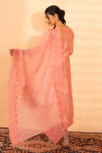 Shop_Gulabik Jaipur_Peach Chanderi V-neck Shree Handloom Kurta Set _at_Aza_Fashions