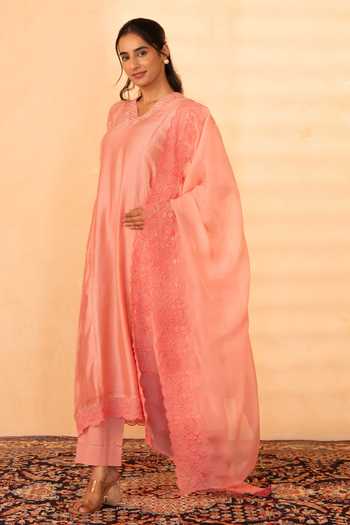 Shop_Gulabik Jaipur_Peach Chanderi V-neck Shree Handloom Kurta Set _Online_at_Aza_Fashions