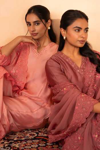 Shop_Gulabik Jaipur_Peach Chanderi V-neck Shree Handloom Kurta Set 