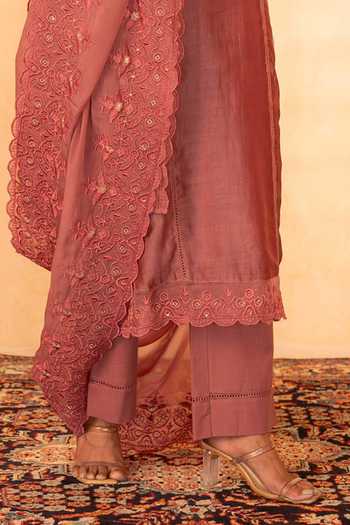 Shop_Gulabik Jaipur_Pink Chanderi V-neck, Yes Shree Handloom Kurta Set _Online_at_Aza_Fashions
