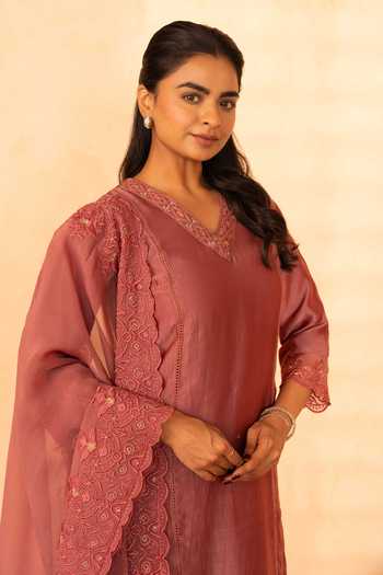 Gulabik Jaipur_Pink Chanderi V-neck, Yes Shree Handloom Kurta Set _at_Aza_Fashions