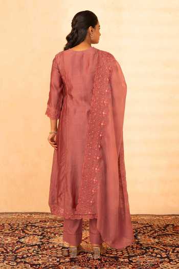 Shop_Gulabik Jaipur_Pink Chanderi V-neck, Yes Shree Handloom Kurta Set _at_Aza_Fashions
