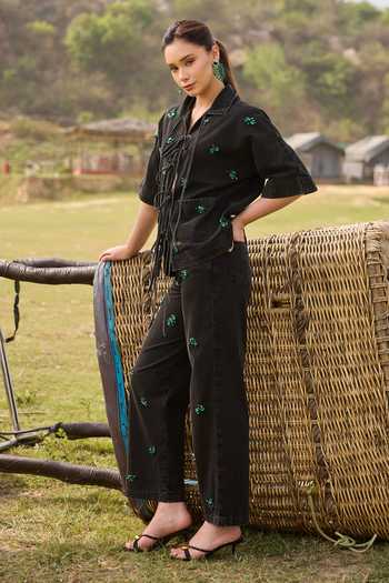 Kay Kay_Black Denim Collared Neck Alora Tie-up Top And Pant Set _at_Aza_Fashions