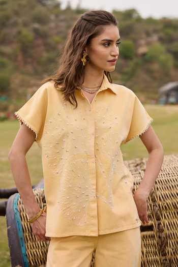 Kay Kay_Yellow Denim Collared Neck Felicity Embroidered Shirt And Pant Set _Online_at_Aza_Fashions
